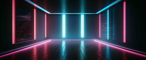 AI generated Modern Dark Room with Glowing Neon Lines with Retro 80s Style. Futuristic Interior with Laser Effect. Generative AI photo