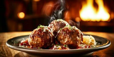AI generated Delicious Meatballs with Sauce Served on a Plate. Generative AI photo