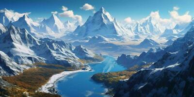 ai generado ilustración de un grande Nevado montaña paisaje con un lago abajo. invierno montañas. generativo ai foto