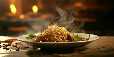 AI generated Delicious Fried Noodle with Smoky Effect on a Wooden Table. Generative AI photo