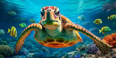 AI generated Portrait of a Sea Turtle Swimming in the Sea. Generative AI photo