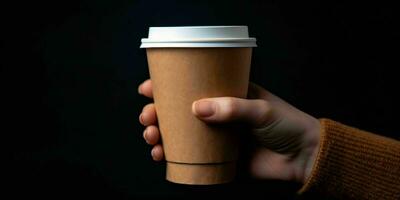 AI generated Female Hand Holding a Brown Coffee Paper Cup on Black Background. Elegant Coffee Cup Mockup. Generative AI photo