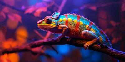 AI generated Colorful Chameleon Perched on a Tree Branch with Vibrant Neon Light Effect. Digital Art. Generative AI photo