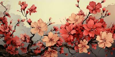 AI generated Beautiful Blooming Flowers Illustration in Vintage Art Style. Exotic Floral Background. Generative AI photo
