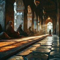 AI generated Muslim Man Praying at a Mosque with Sunlight Effect. Worshiping God. Generative AI photo