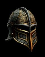 ai generado hierro medieval guerra casco aislado en negro antecedentes. generativo ai foto