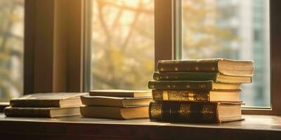 ai generado apilar de libros en un de madera mesa con ventana y luz de sol en el antecedentes. generativo ai foto