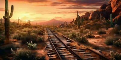 AI generated Rusty Railroad Track on Western Desert. Abandoned Train Track. Generative AI photo