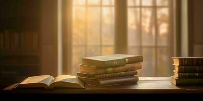 ai generado apilar de libros en un de madera mesa con ventana y luz de sol en el antecedentes. generativo ai foto