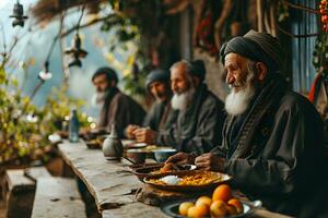 ai generado contento y alegre medio oriental antiguo hombre sentado y disfrutando un comida juntos al aire libre. generativo ai foto