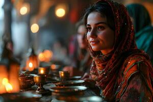ai generado árabe musulmán mujer reunir juntos durante Ramadán con delicioso platos en el mesa. iftar cena. generativo ai foto