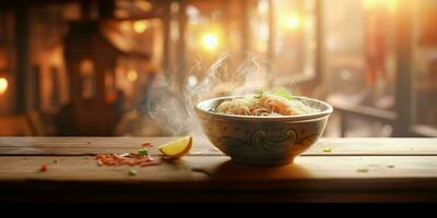 ai generado un cuenco de caliente fideos sopa en de madera mesa. generativo ai foto