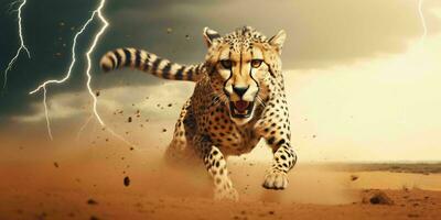 AI generated A Cheetah Sprinting in the Desert with Thunderstorm Behind. Generative AI photo