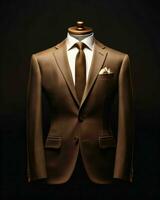 AI generated Elegant Brown Men's Suit Isolated on Black Background. Generative AI photo