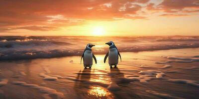 ai generado un par de pingüinos disfrutar el belleza de el playa a oscuridad. pingüino Pareja. generativo ai foto