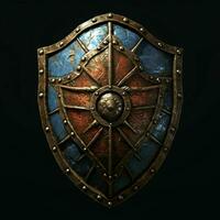 AI generated Rusty Medieval Shield with War Torn Effect Isolated on Black Background. Generative AI photo