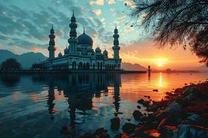 AI generated A Magnificent Mosque with a Beautiful Sky View at Sunset. Generative AI photo