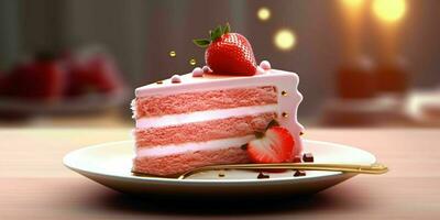 AI generated A Slice of Sweet Pink Cake with Strawberries and Cream on Top. Generative AI photo