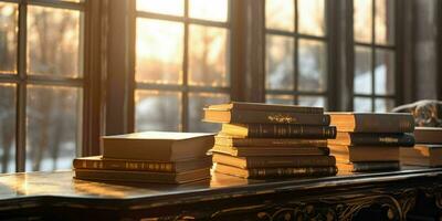 ai generado apilar de libros en un de madera mesa con ventana y luz de sol en el antecedentes. generativo ai foto