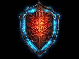 AI generated Fantasy Medieval Shield Isolated on Black Background. Shield with Game Style. Generative AI photo