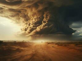 ai generado Tormentoso cielo con relámpago huelgas en el desierto. tormenta de arena paisaje. generativo ai foto