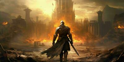 AI generated Armored Medieval Warrior in Front of a Ruined Castle. Knight in Armor. Generative AI photo