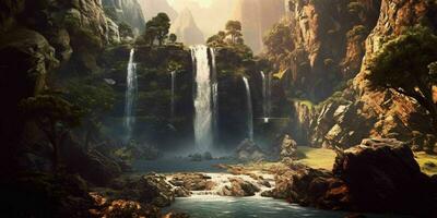 AI generated Beautiful and Stunning Waterfalls Landscape. Generative AI photo