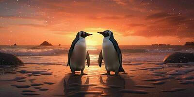 ai generado un par de pingüinos disfrutar el belleza de el playa a oscuridad. pingüino Pareja. generativo ai foto