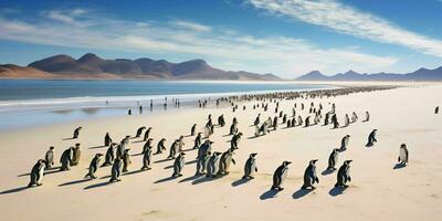 AI generated Penguin Colony on the Beach with Beautiful landscape View. Generative AI photo