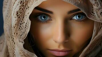 AI generated Close-up photo of a beautiful Arabic woman in hijab with Stunning Eyes. Generative Ai