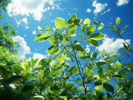 ai generado Fresco verde hojas con nublado azul cielo vista. generativo ai foto