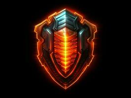 AI generated Modern and Futuristic Shield on Black Background. Shield in Fantasy Game Style. Generative AI photo