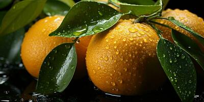 AI generated Fresh Oranges with Water Droplets Isolated on a Black Background. Generative AI photo