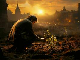 AI generated Close up of a man planting a tree or gardening. Generative AI photo