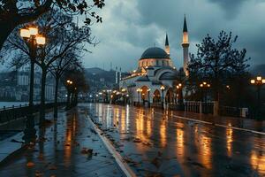 AI generated Beautiful mosque with an atmosphere after the rain, in the afternoon. Generative AI photo