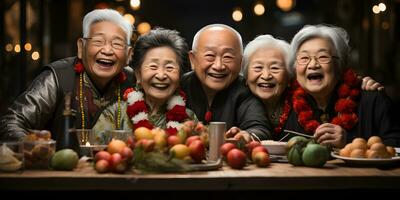 ai generado contento asiático mayor familia reunión juntos en tradicional ropa con platos en el mesa, celebrando chino nuevo año. generativo ai foto