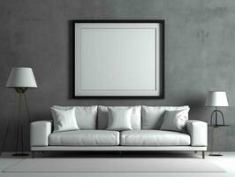 AI generated Modern and Minimalist Living Room Interior Design with Blank White Picture Frame Mockup. Generative AI photo