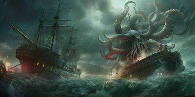 AI generated Giant Kraken Octopus Attack Pirate Ship with Thunderstorm Background. Cthulhu Illustration. Generative AI photo