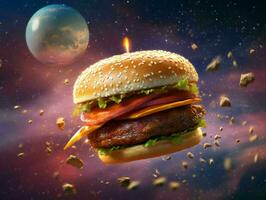 AI generated A Delicious Burger with Universe Background. Hamburger. AI Generative photo