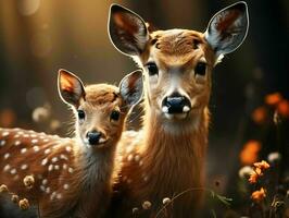 ai generado ciervo y adular con un borroso bosque antecedentes. generativo ai foto