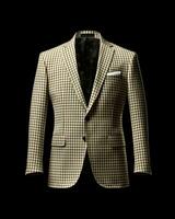 AI generated Elegant Beige Men's Suit with Gingham Motif Isolated on Black Background. Generative AI photo