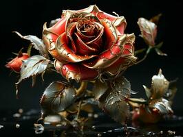 AI generated Red and Gold Glass Rose Flower with Water Droplets on it Isolated on Black Background. Generative AI photo