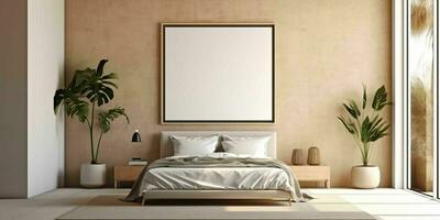 AI generated Minimalist Beige Bed Room Interior Design with Blank White Picture Frame Mockup. Generative AI photo