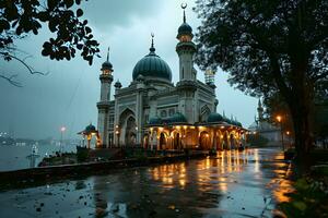 AI generated Beautiful mosque with an atmosphere after the rain, in the afternoon. Generative AI photo