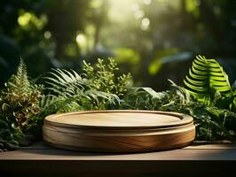 AI generated Wooden Product Display Podium with Nature Background. Natural Product Placement Pedestal Stand. Generative AI photo