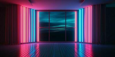 AI generated Modern Dark Room with Glowing Neon Lines with Retro 80s Style. Futuristic Interior with Laser Effect. Generative AI photo