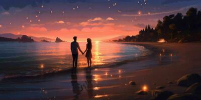 AI generated Romantic Couple Hold Hands on the Beach at Sunset. Generative AI photo