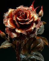 AI generated Red and Gold Glass Rose Flower with Water Droplets on it Isolated on Black Background. Generative AI photo