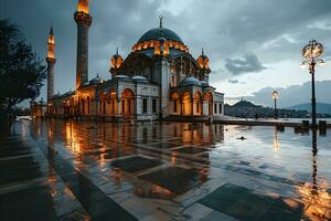 AI generated Beautiful mosque with an atmosphere after the rain, in the afternoon. Generative AI photo