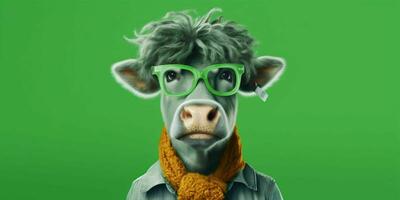 AI generated Portrait of Cool and Funny Cow Wearing Glasses in Studio Background. Generative AI photo